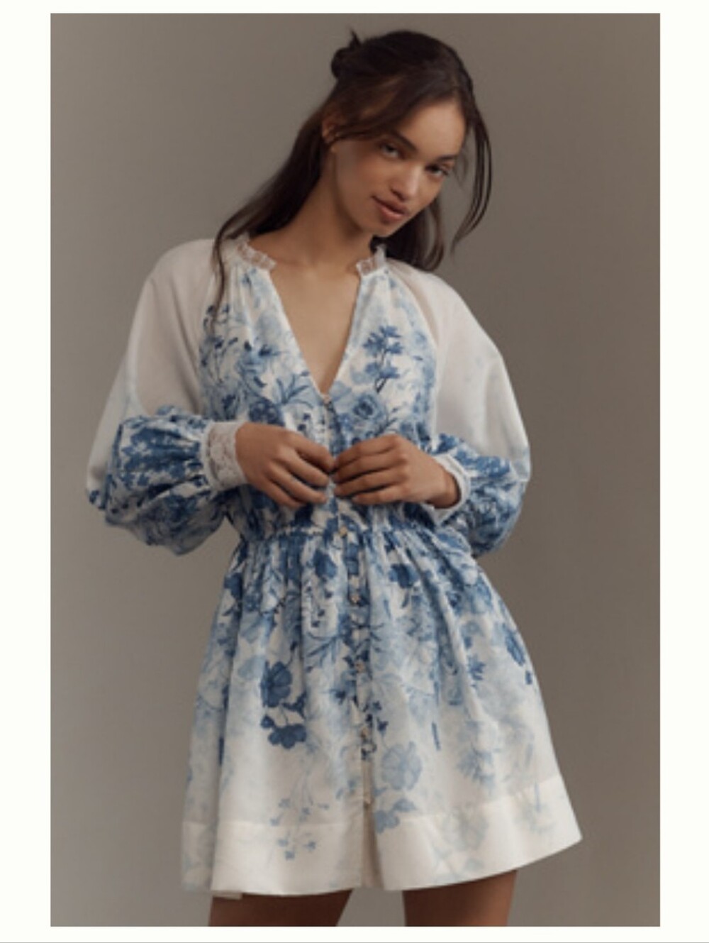 NWT. Anthropologie Let Me Be Blue Floral V-Neck Long Sleeve Mini Dress. Sz. XLP